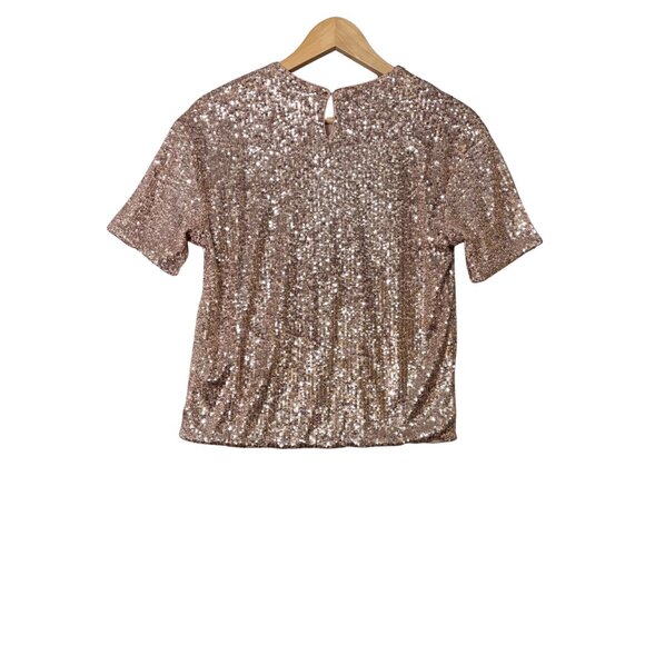 H&M Sequin Crew Neck Top Womens Size XSmall Pink Short Sleeves Cocktail Party - Picture 2 of 8